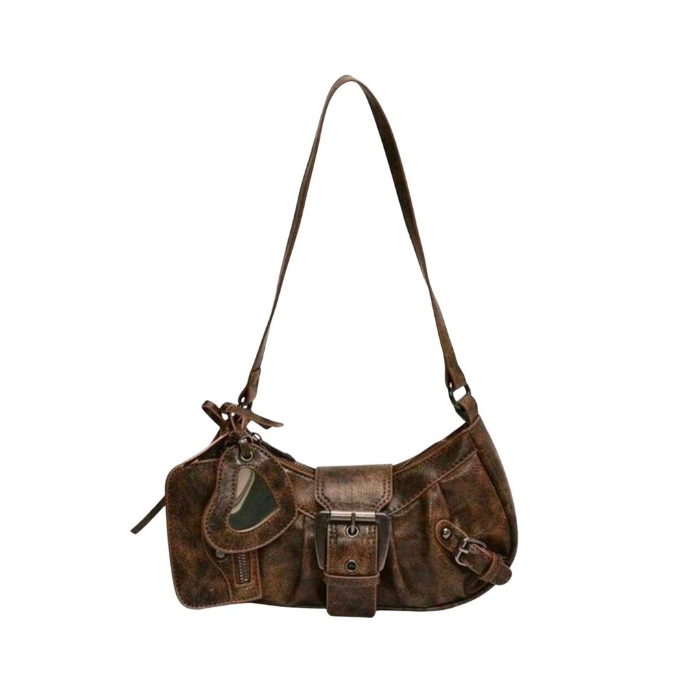 Vintage inspired Brown Faux Leather Shoulder Bag With Heart Mirror Charmโ